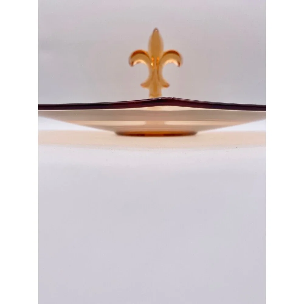 Fostoria Pioneer Amber Glass Serving Dish: Fleur de Lis Handle, Octagon 12”